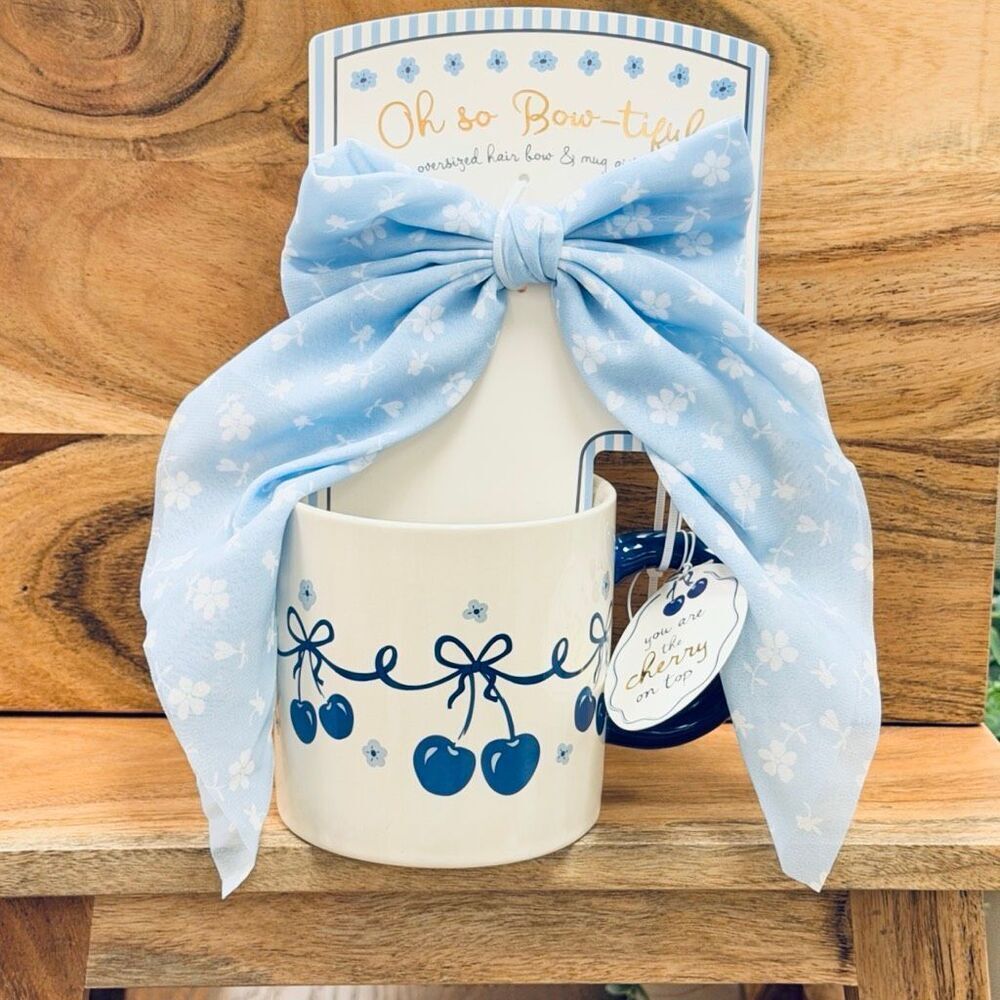NWT Sunday Morning Ceramics You Are The Cherry On Top So Cute Mug Bow Gift Set
